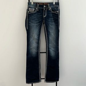 Rock Revival Jacklyn Boot Dark Blue Denim Embroidered Jeans Women Size 28